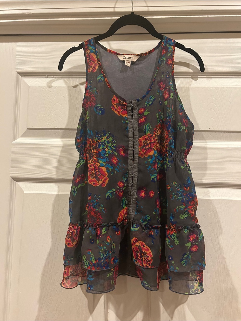 Decree Gray Floral Tiered Ruffle Camisole with Multicolor Blooms
